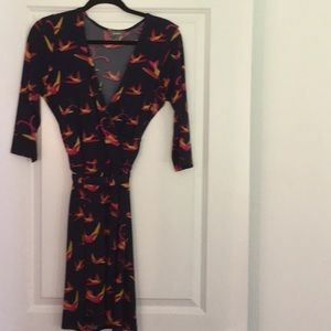 Navy faux wrap dress With birds